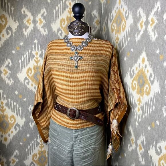 Ralph Lauren Blue Label Jackets & Blazers - Ralph Lauren Southwestern Blanket Stitch Leather Laced Feather Trimmed Poncho